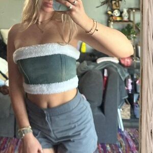 PrettyLittleThing Green and White Strapless Crop Top